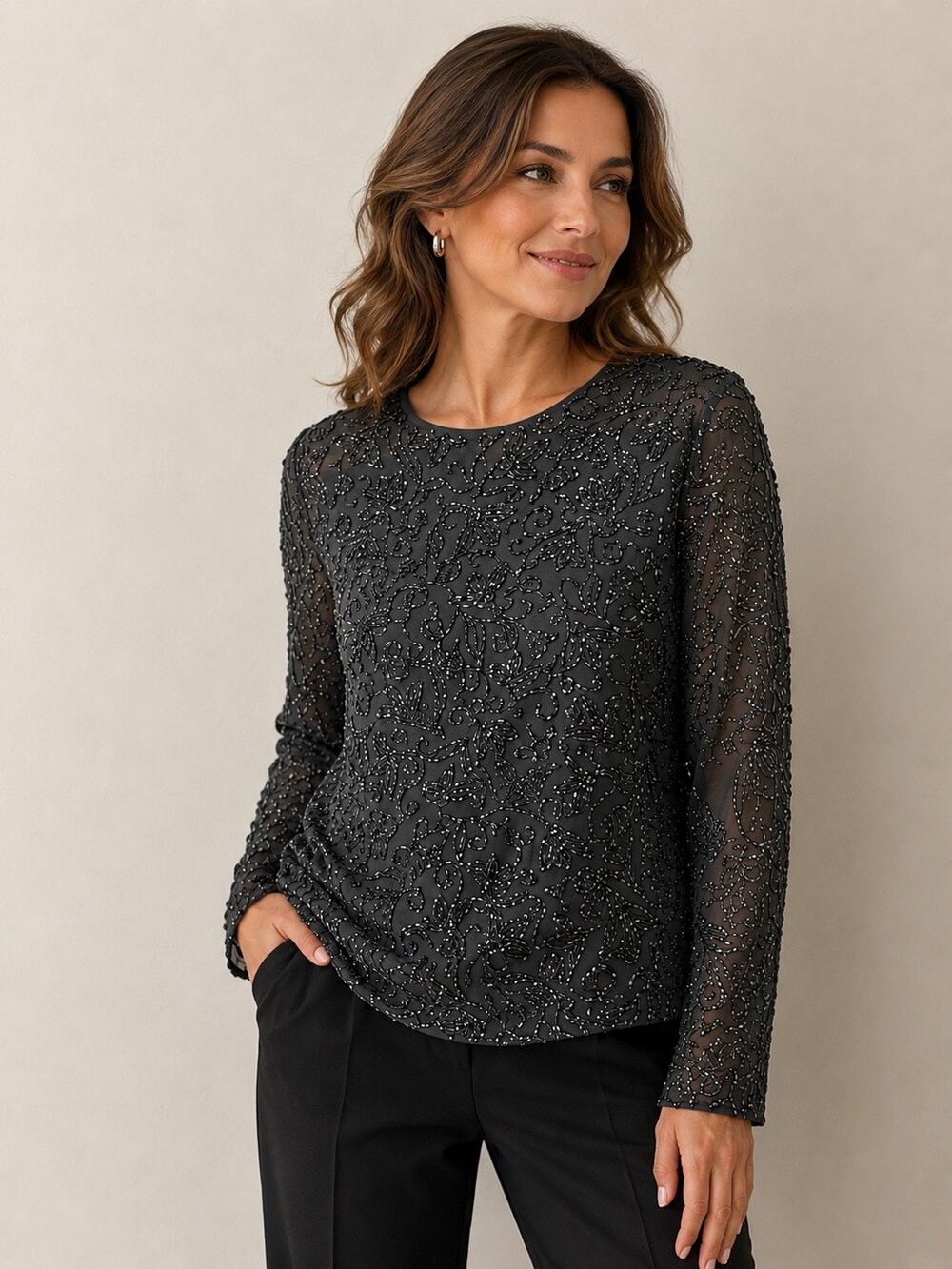 Emanuel Ungaro Beaded Embellished Long Sleeve Sheer Silk Top Sz Small Black